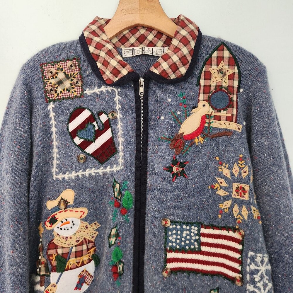OHI Folk Christmas Sweater Full Zip Country Birds Patriotic US Flag Large EUC - Picture 11 of 16